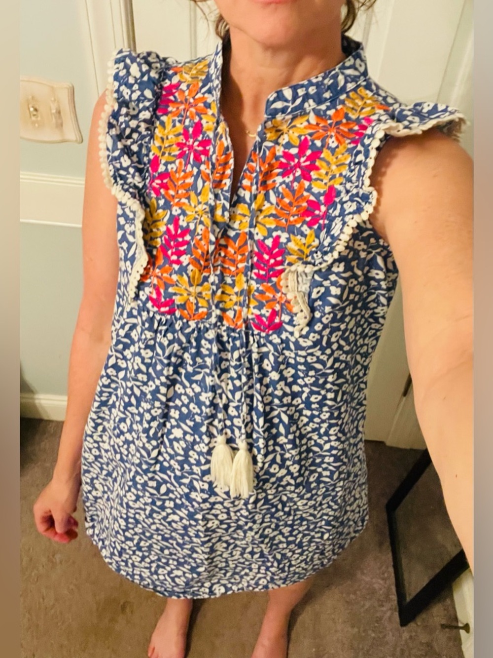 THML Blue Floral Sleeveless Mini Dress with Colorful Embroidered Bib